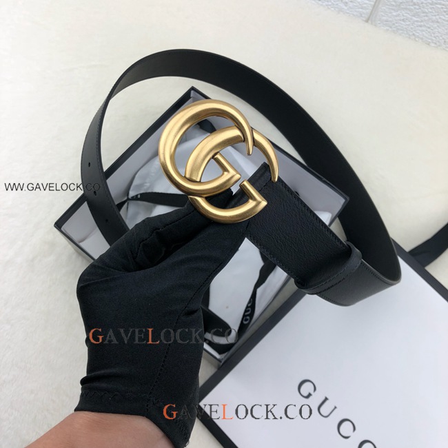 Gucci Black Leather Belt Retro Golden GG Buckle Size 40mm
